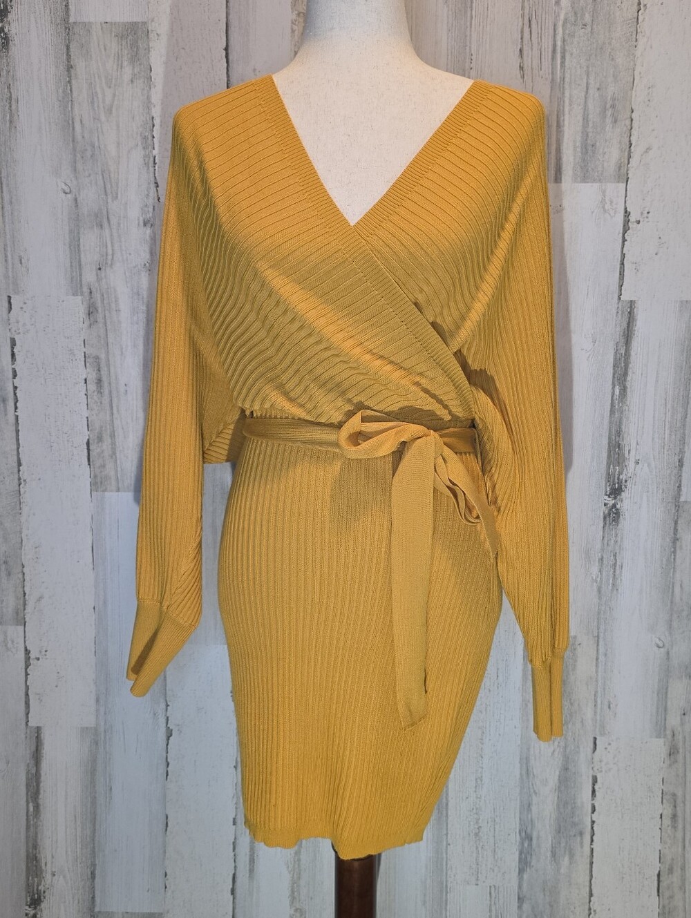 Love Tree Women Large Mustard Yellow Ribbed Knit Wrap Sweater Dress Tie Waist